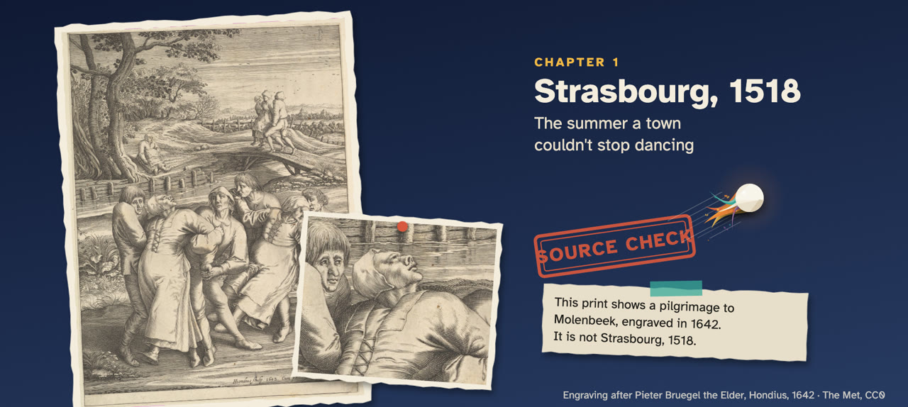 Classroom style frame: a 1642 engraving on torn paper, a close-up detail card, and a 'Source check' stamp noting the print is not of Strasbourg, 1518